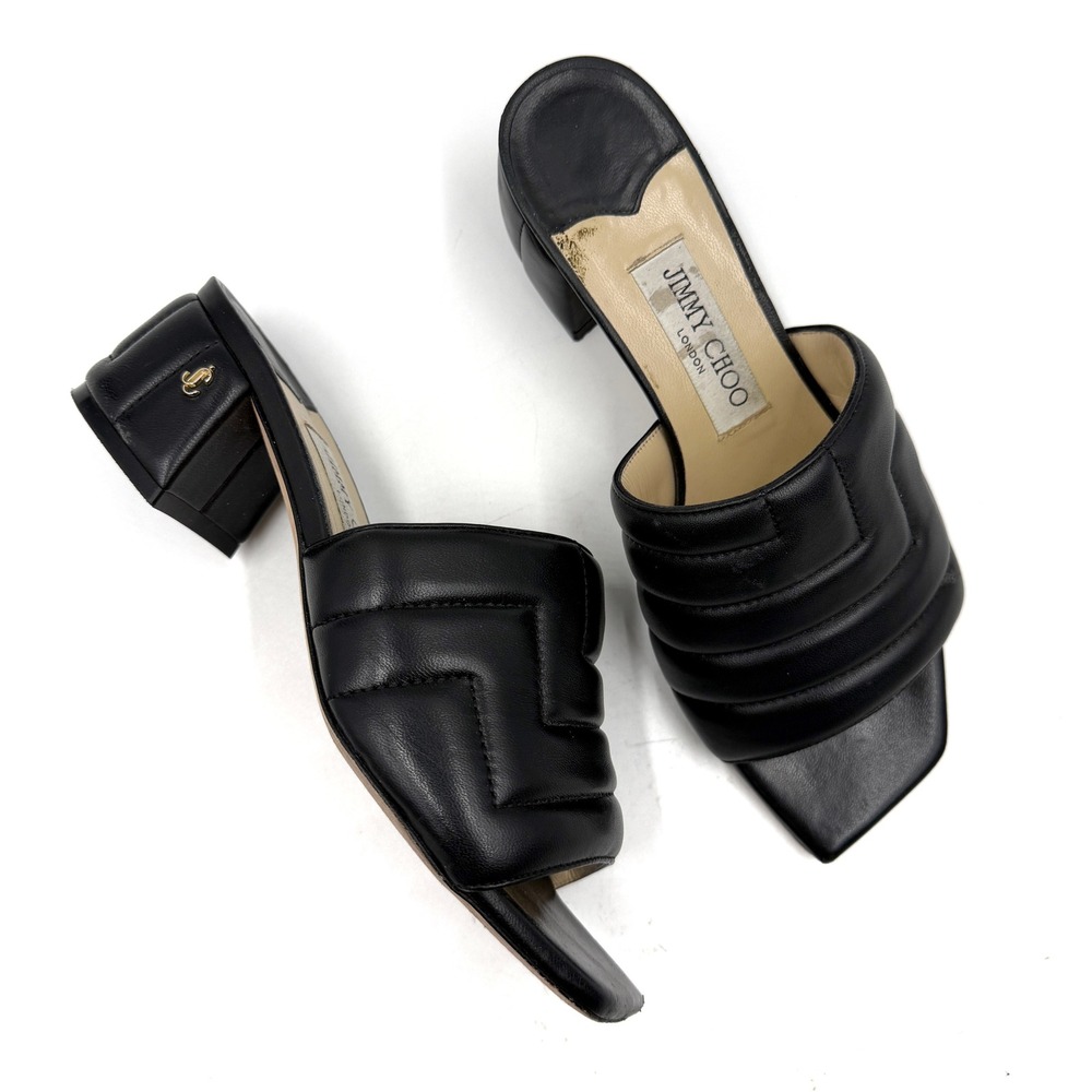 Jimmy Choo Themis 45 Mule Sandals Black Quilted Leather Block Heel Sz 37 / 7